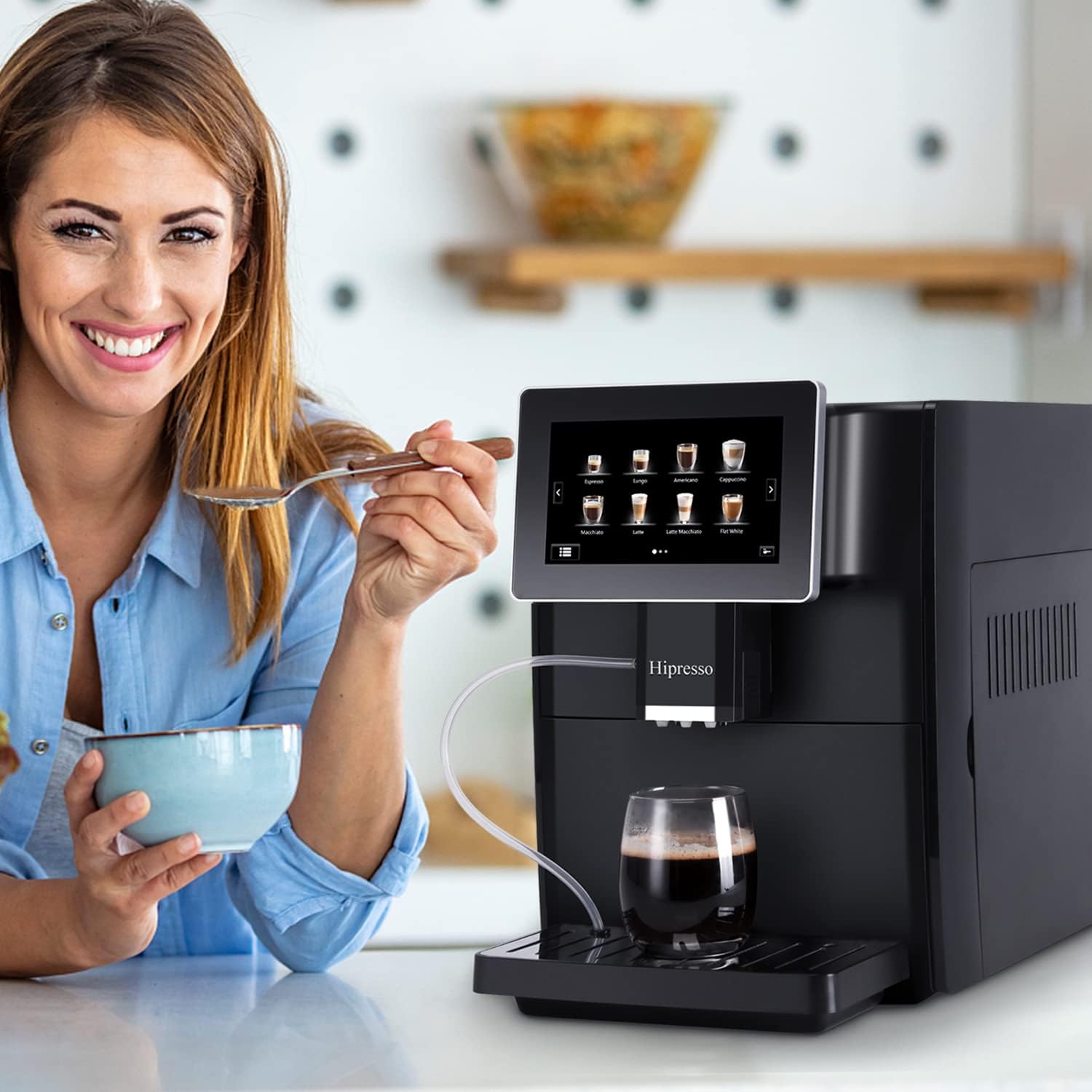 Hipresso Super Fully Automatic Espresso Coffee Machine-7' HD TFT Touchscreen with Milk Frother 19 Bar Pressure