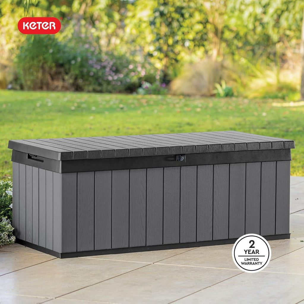 Keter Darwin 100 Gallon Resin Large Deck Box - Organization and Storage for Patio Furniture, Outdoor Cushions, Garden Tools and Pool Toys, Grey & Black