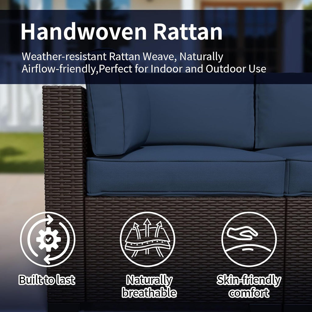 7 Piece Patio Furniture Set, Wicker Patio Conversation Sets, Outdoor Sectional Furniture with Tempered Glass Table, for Backyard, Deck, Garden, Dark Brown Rattan & Navy Blue Cushions