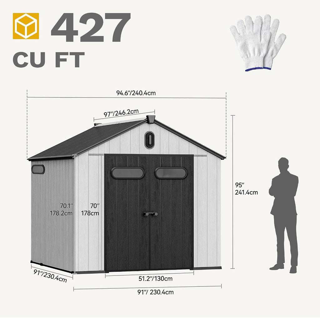 DWVO 8x8 FT Outdoor Storage Shed, Large Extra Thick Plastic Storage Shed with Oval Vision Windows & Lockable Door, 16mm Heavy Duty Outside Garden Shed with Floor & Vents for Patio Tool, Black&Gray