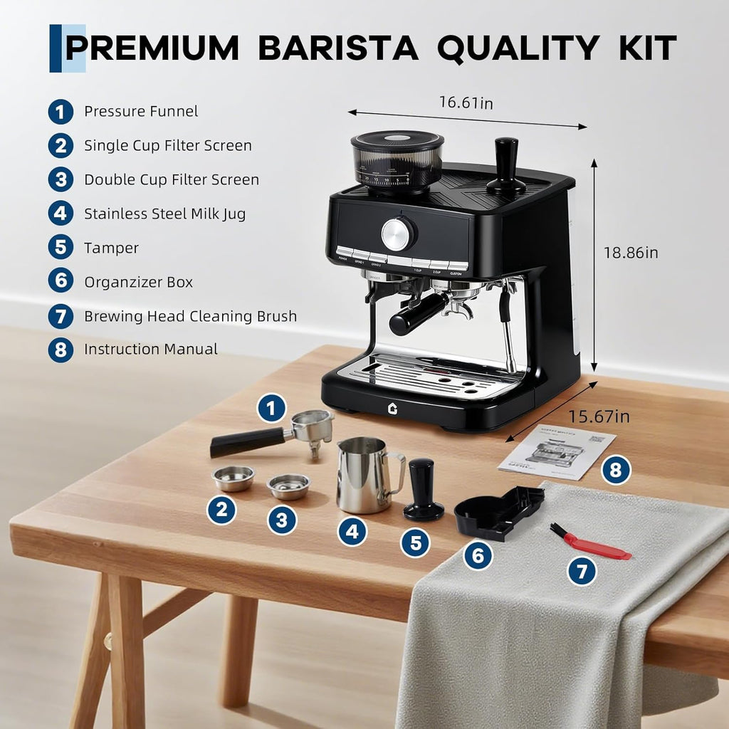 TROPOW Espresso Machine with Grinder - 20 Bar Pressure Professional, Stainless Steel Coffee Maker with Milk Frother, 1.5l Removable Water Tank for Latte, Cappuccino, Home & Office