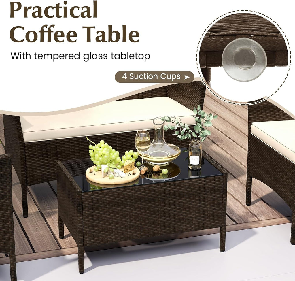 Tangkula 8 Piece Patio Rattan Conversation Set, Outdoor Wicker Furniture Set with Chair, Loveseat & Tempered Glass Table, Cozy Seat Cushions, Outside Sectional Sofa Set for Backyard, Porch (2, Beige)