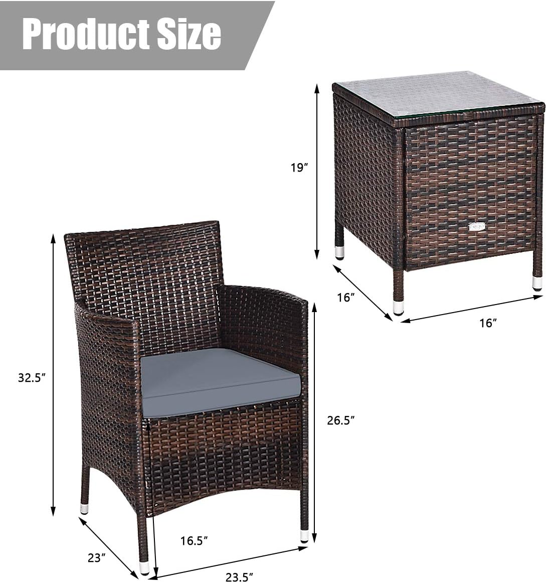 COSTWAY 3 PCS Patio Furniture Set, Outdoor Wicker Conversation Set with Tempered Glass Coffee Table, Seat Cushions, Rattan Wicker Chairs for Poolside Balcony Porch Backyard, Gray