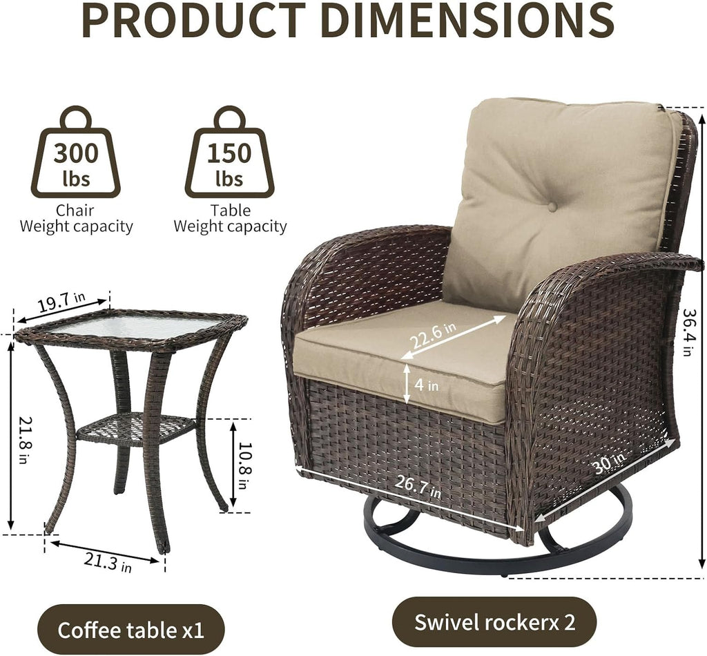 SHGJ&SOFT 3 Piece Patio Furniture Set, 2 Outdoor Swivel Rocking Chairs with Side Table, Wicker Glider Chairs, All-Weather Rattan Bistro Set for Porch, Deck, Pool (Brown, Brown Full-Weave Rattan)