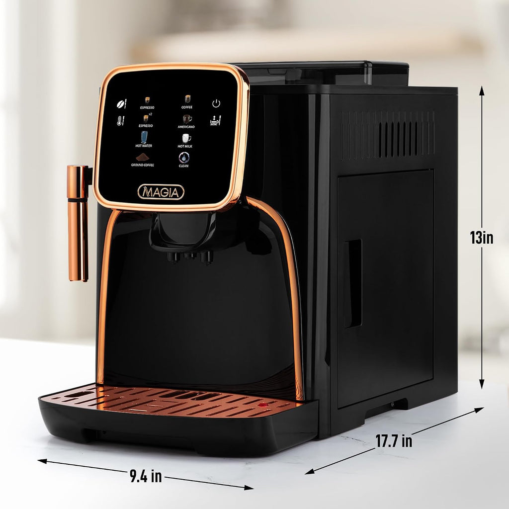 Zulay Kitchen Magia Clasica Automatic Espresso Machine with Built-In Grinder, Touch Panel Coffee Maker, Steam Wand Milk Frother, Adjustable Strength, Self-Cleaning, Black & Copper (13' x 17.7' x 9.4')