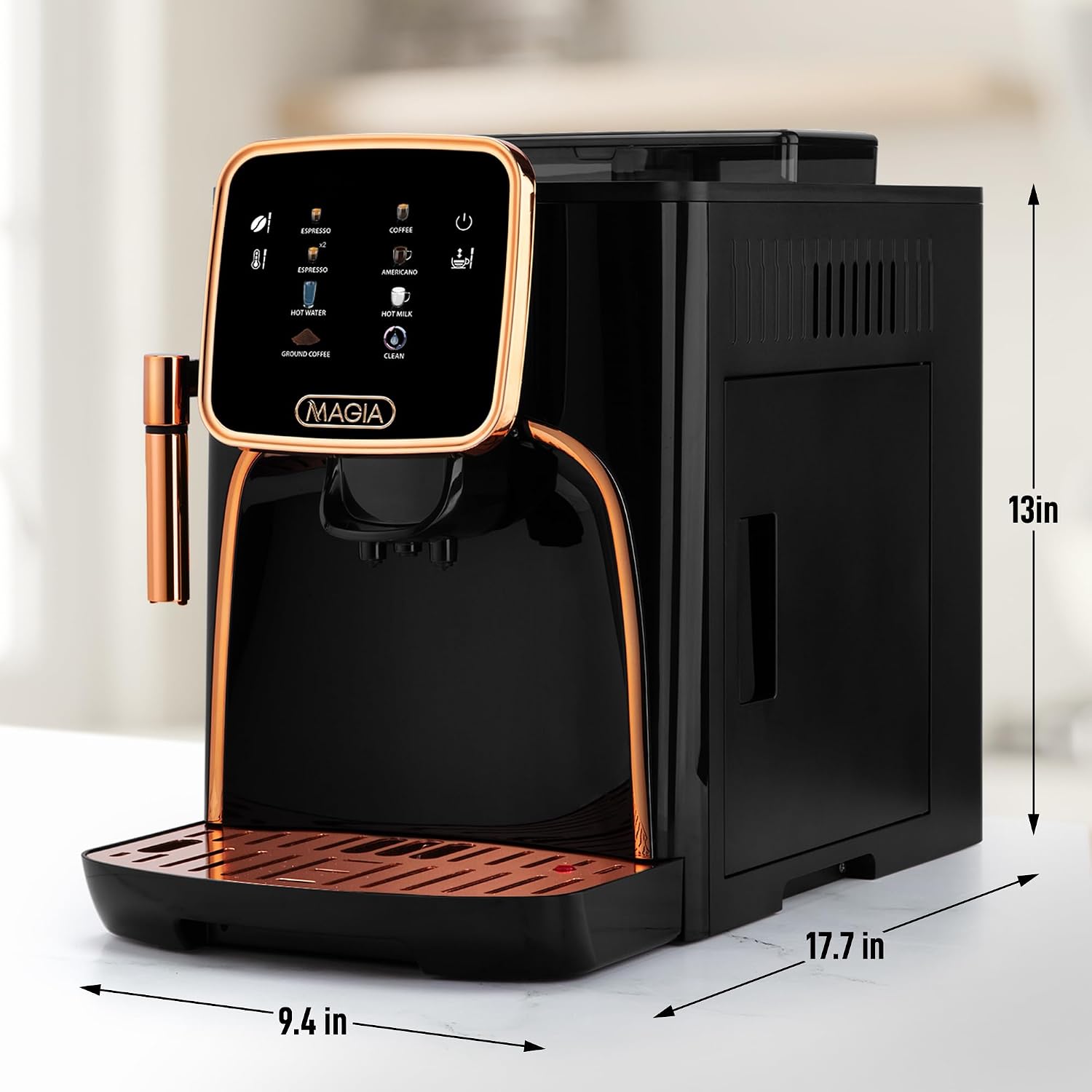 Zulay Kitchen Magia Clasica Automatic Espresso Machine with Built-In Grinder, Touch Panel Coffee Maker, Steam Wand Milk Frother, Adjustable Strength, Self-Cleaning, Black & Copper (13' x 17.7' x 9.4')