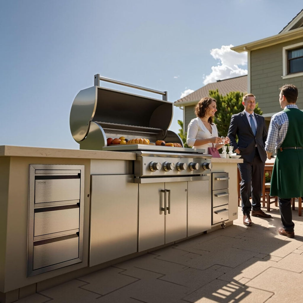 VEVOR Outdoor Kitchen Drawers 14.7' W x 25.4' H x 18.7' D, Box Frame Style Flush Mount BBQ Drawers with Stainless Steel Handle, BBQ Island Drawers for Outdoor Kitchens or Patio Grill Station