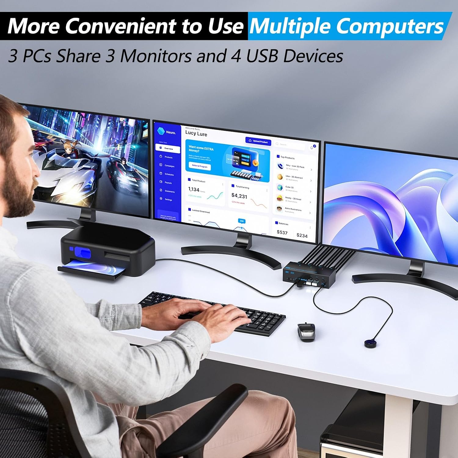KVM Switch 3 Monitors 3 Computers, ANXQQ 8K@60Hz 4K@144Hz Triple Monitor KVM, HDMI + Displayport KVM Switch with 4 USB 3.0 Ports, 3 Monitor KVM with Power Adapter and Wired Remote