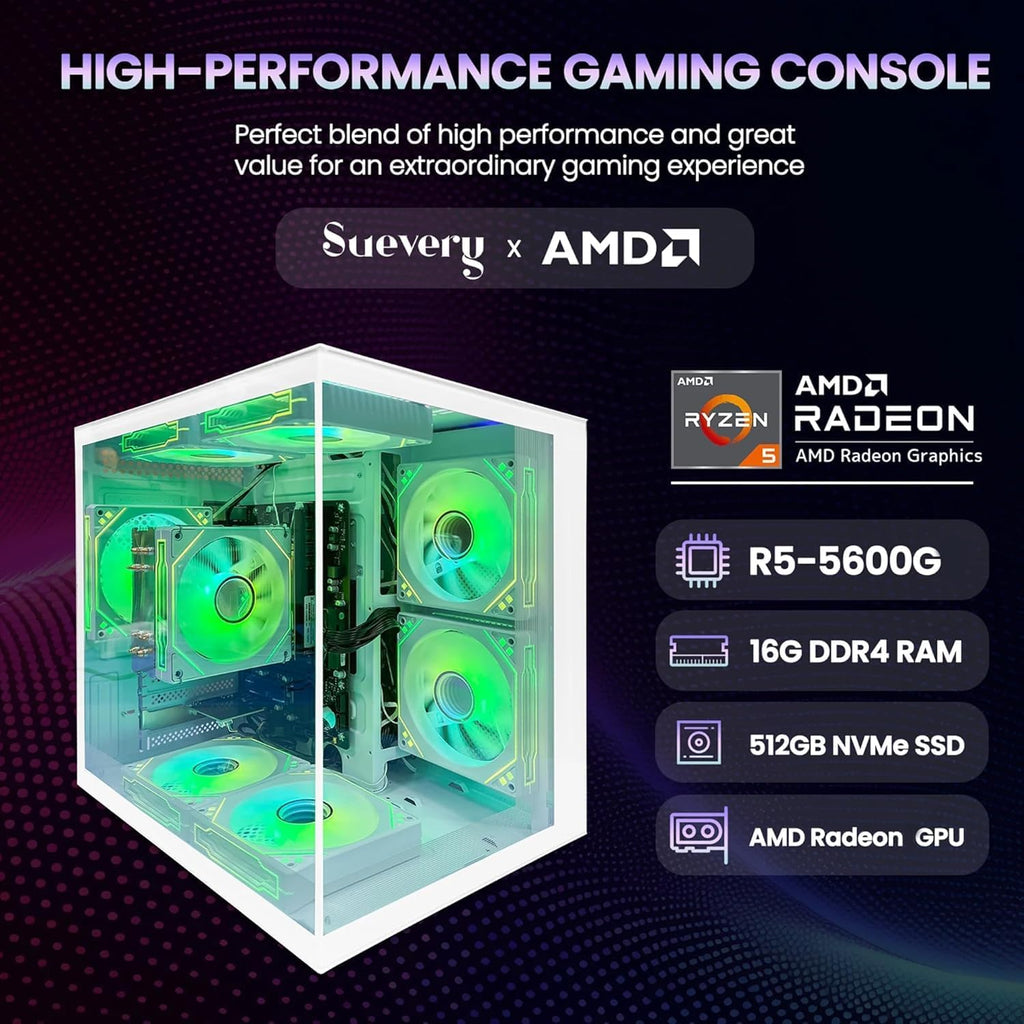 suevery Gaming PC Ryzen5 5600G（3.9GHz Up to 4.4GHz Nvme SSD 512G 16GB RAM WiFi 6 Prebuilt Towers Desktop Computer White (512, GB)