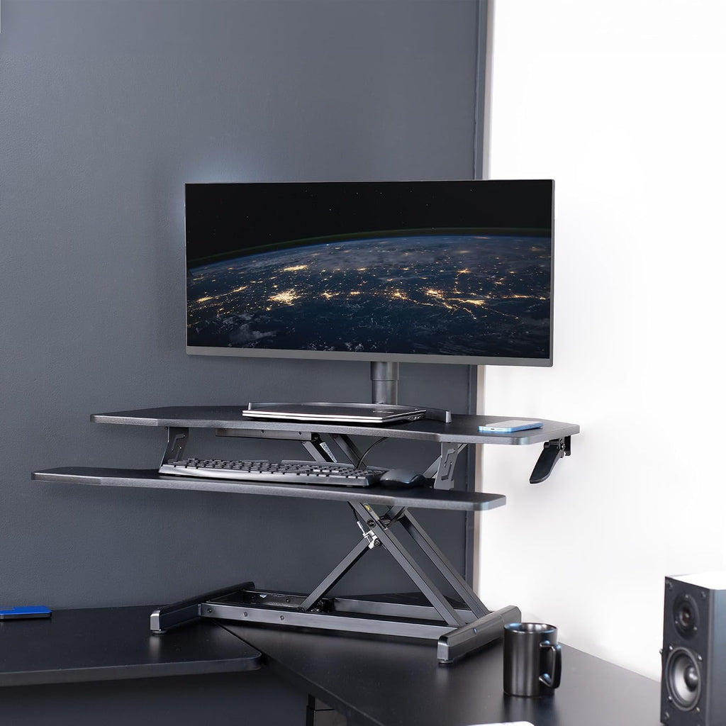 VIVO Corner Height Adjustable 38 inch Standing Desk Converter, Quick Sit to Stand Tabletop Dual Monitor Riser Workstation, DESK-V037MC