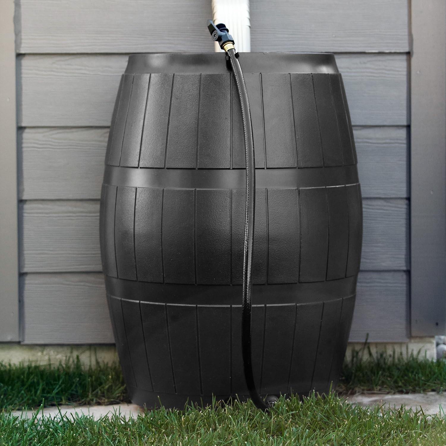 FCMP Outdoor Raincatcher 4000 Rain Barrel, Flat-Back Rainwater Catcher with Spigots, 50 Gallon, Black - Portable Water Storage Container Tank for Home, Garden, and Backyard