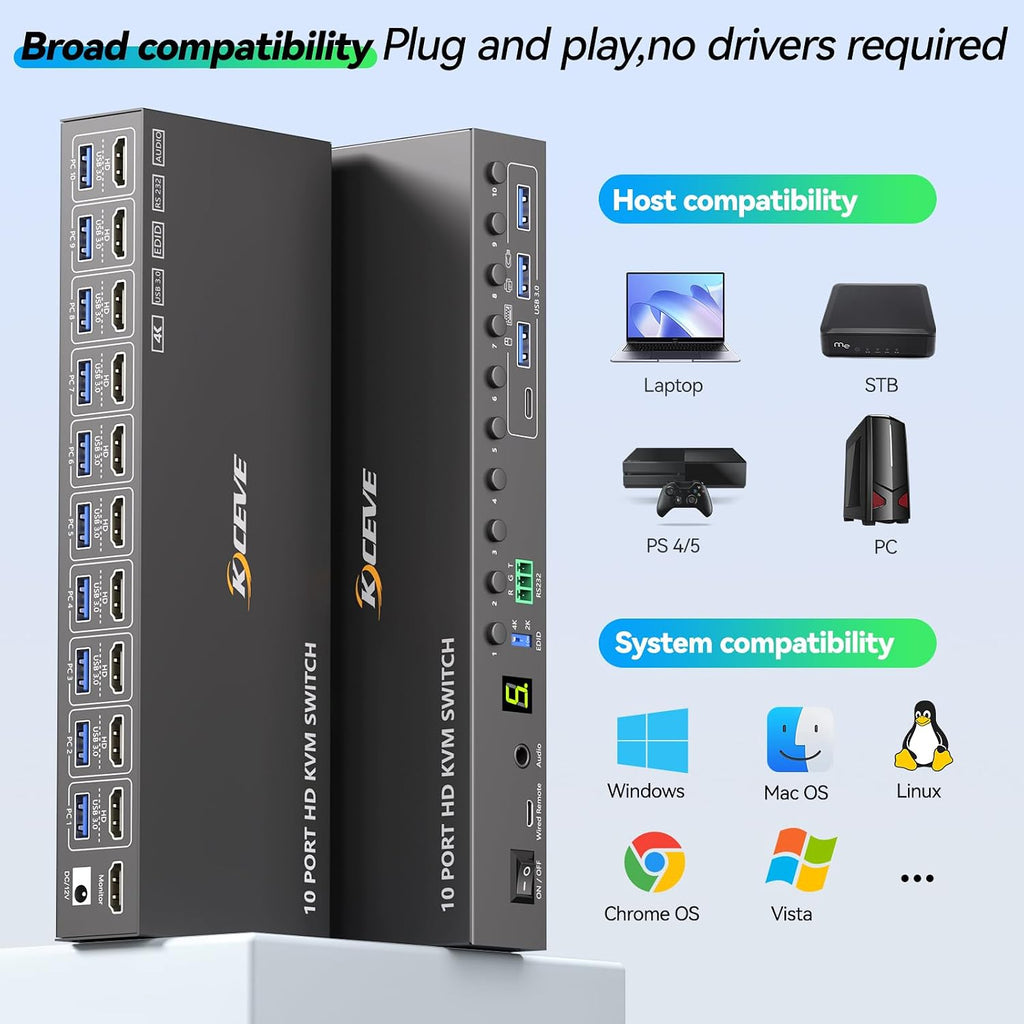 8 Port DisplayPort KVM Switch 4K@60Hz EDID Simulation, USB 3.0 DP KVM Switch for 8 Computers Share 1 Monitor and 4 USB Devices, Audio RS232,Wired Remote, 12V Power Supply & 8 USB Cables Included