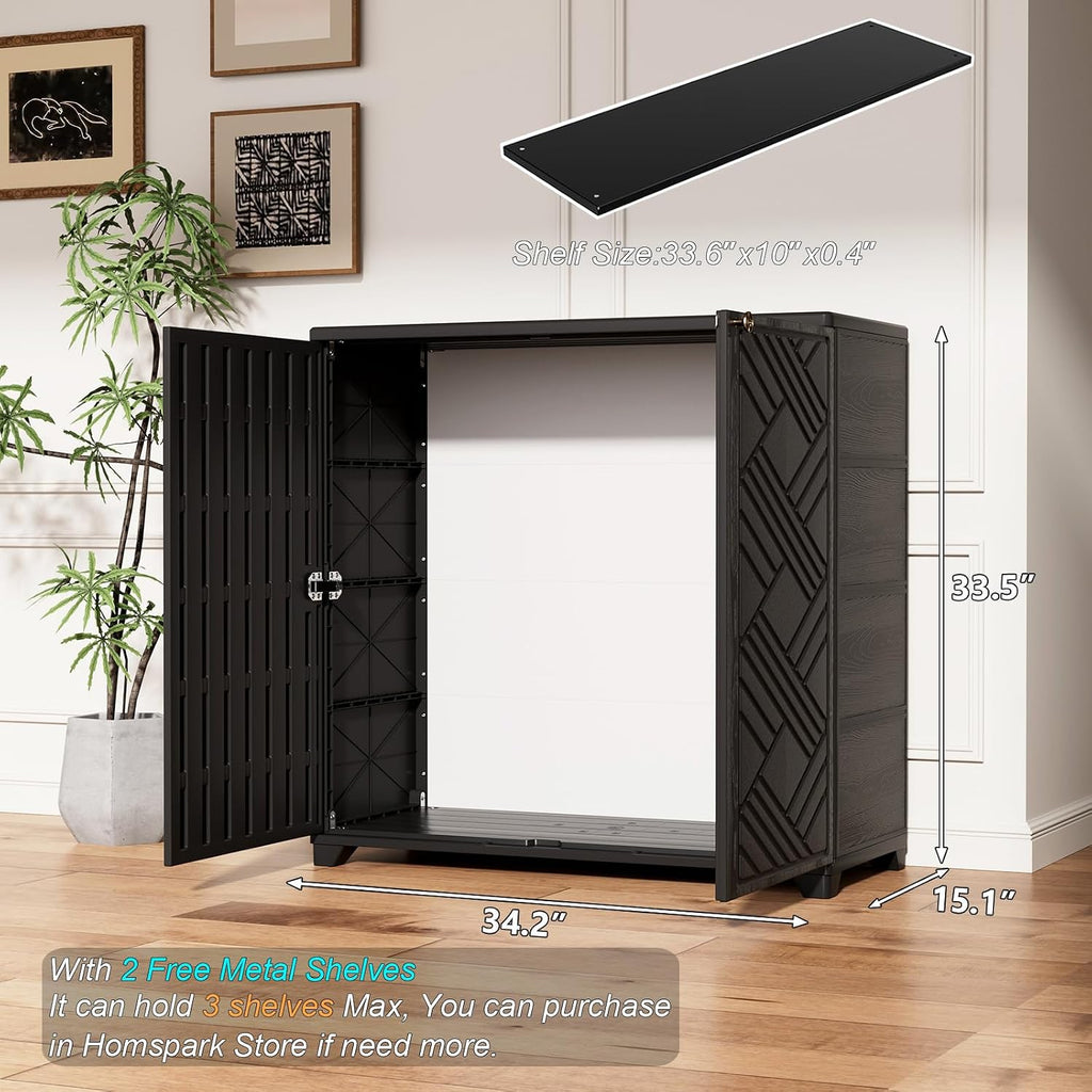 HOMSPARK Indoor/Outdoor Storage Cabinet with Doors and 2 Metal Shelves, 34'x15'x34' HDPE Plastic Storage Box for Patio, Garden, Enterway, Balcony, Multi-Purpose for Daily Tools, Black