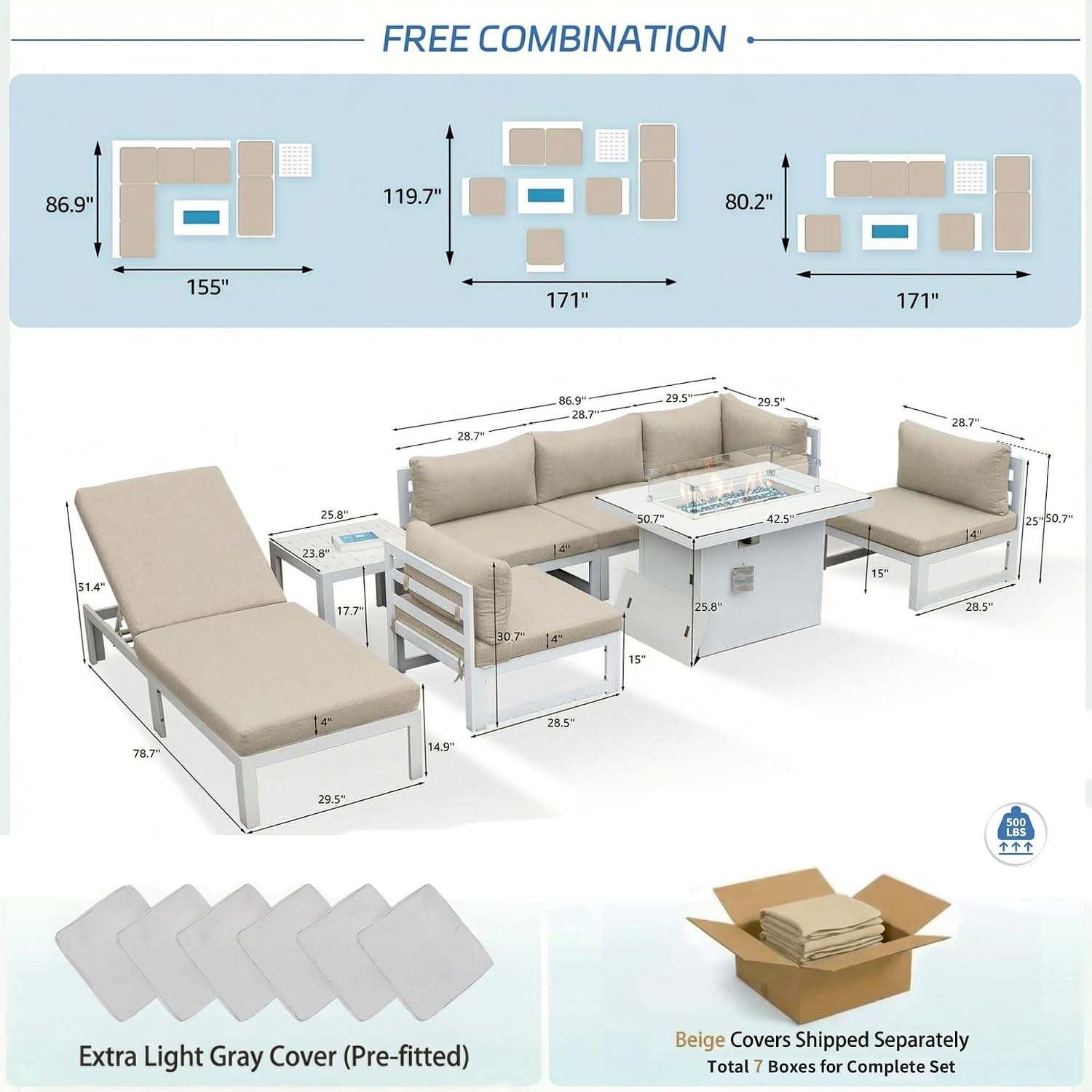 NICESOUL 8 Piece Modern Aluminum Outdoor Patio Furniture Set with Lounger & Fire Pit Table, Extra Large All-Weather Modular Sectional Couch, 29' Wide Deep Seating Conversation Sofa for Poolside, Beige