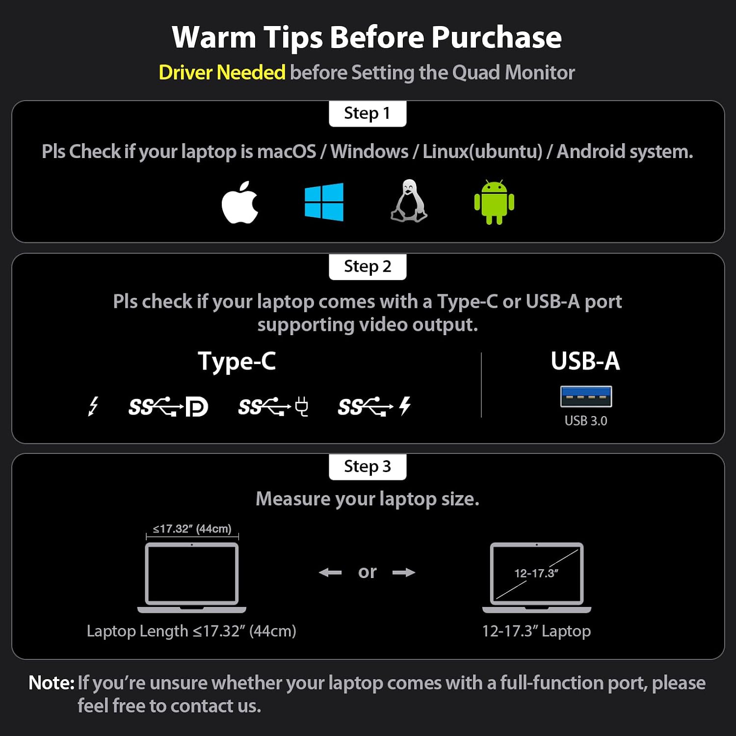 KYY Laptop Screen Extender 15.6''1080P Quad Portable Monitor, Triple Monitor 1 USB-C Connection, Auto-Rotation Top Display, Built-in Stand, for 12–17'' Laptop, for Windows MacOS Linux(Ubuntu)