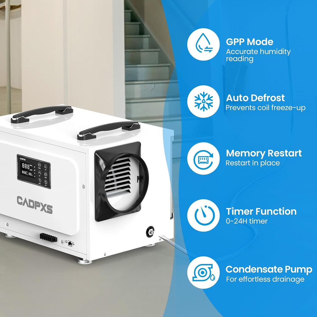 CADPXS Crawl Space Dehumidifier with Pump, 125 Pints Commercial Dehumidifiers with Drain Hose, Dehumidifier for Crawlspace, Basements & Water Damage Use, Memory Restart, cETL, 5 Years Limited Warranty