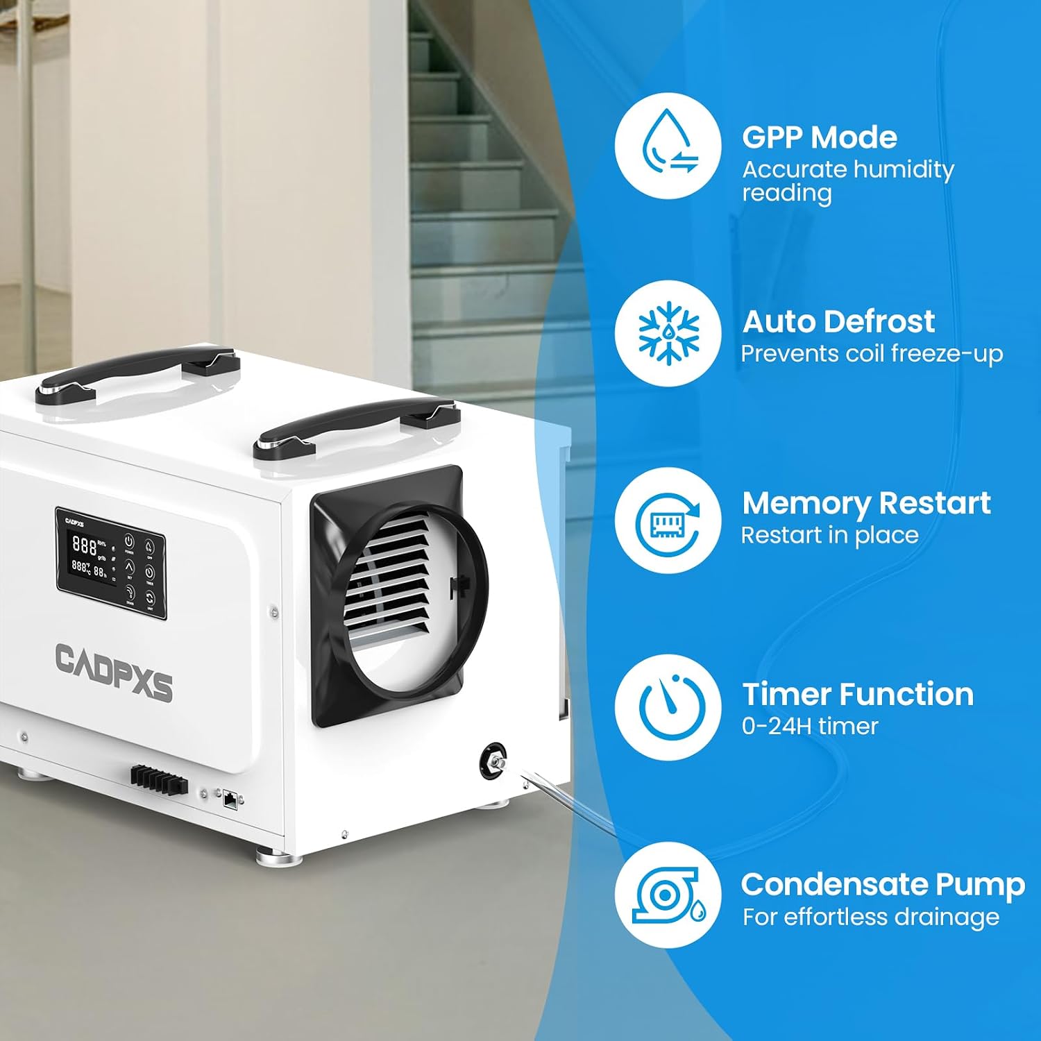 CADPXS Crawl Space Dehumidifier with Pump, 125 Pints Commercial Dehumidifiers with Drain Hose, Dehumidifier for Crawlspace, Basements & Water Damage Use, Memory Restart, cETL, 5 Years Limited Warranty
