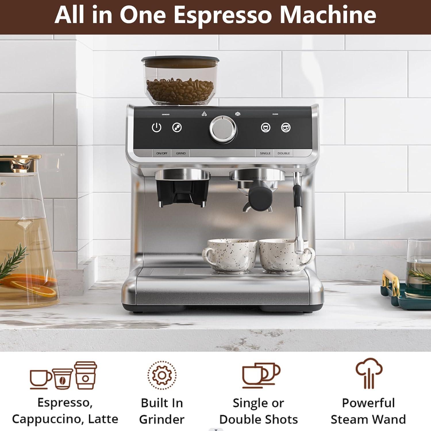 Espresso Machine with Built-in Grinder & Milk Frother, 15 Bar Semi-Automatic Coffee Maker with Steam Wand, 2.5l Water Tank, Italian Pump System, Stainless Steel Construction