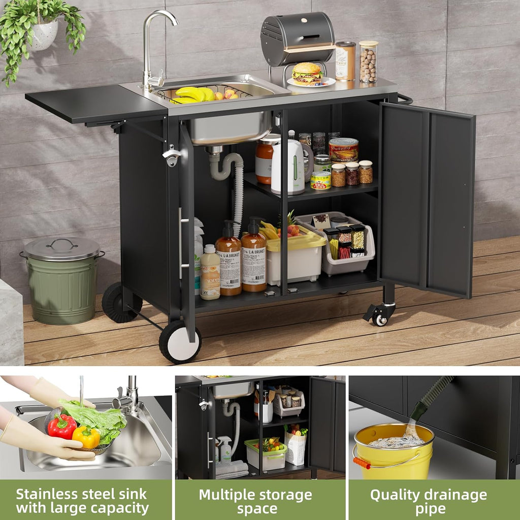 Outdoor Grill Table with Sink, Metal Worktable Kitchen Cabinet Island w/ 304 Stainless Steel Sink, Foldable Top and Storage Cabinet, Rolling Grill Cart with Wheels for Garden, Backyard and Lawn