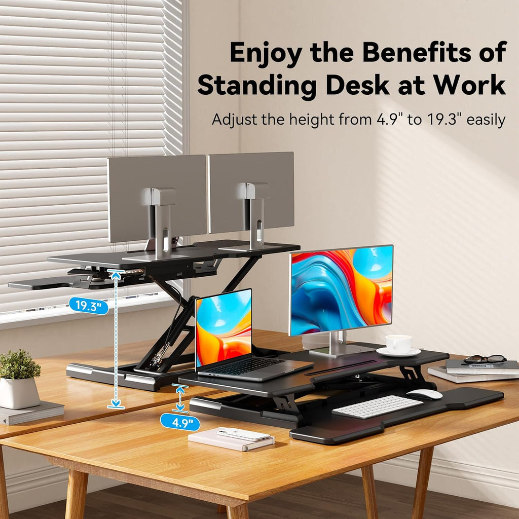 35' Standing Desk Converter, Height Adjustable Desktop Riser with Keyboard Tray for Two Monitors, Sit to Stand up Computer Workstation for Home Office, Black