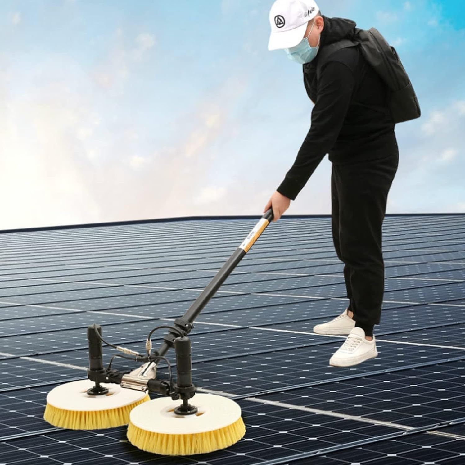 Solar Panel Cleaning Brush & Rod, 11.5ft -24.6ft Water Fed Pole Kit with Telescopic Pole, Electric Rotary Cleaning Brush, Solar Dual-Head Automatic Cleaning Brush,5.5m-MainsElectricity