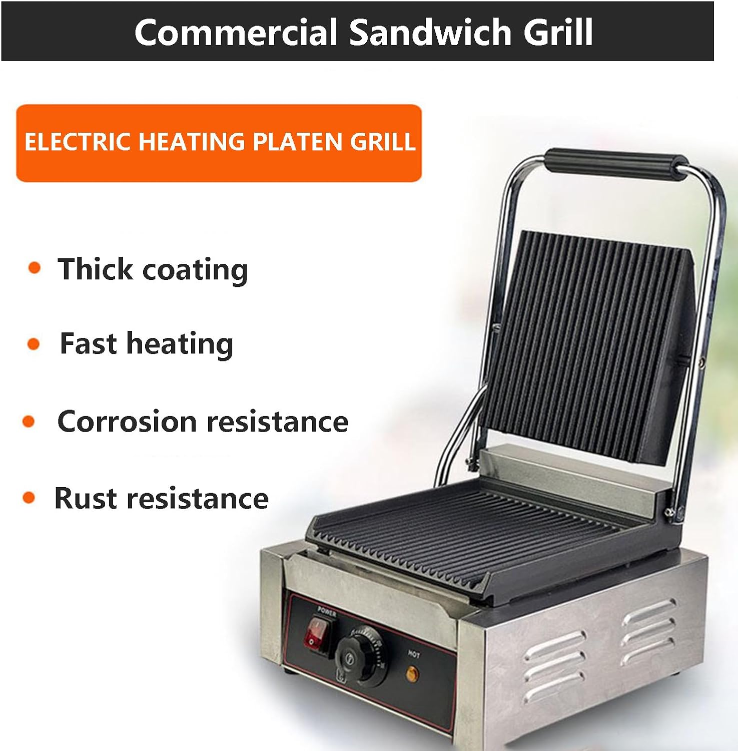 Commercial Sandwich Grill, Contact Grill Single-plate Platen Grill Countertop Sandwich Press W/Tempe Control 50-300℃,for Home Or Restaurant Use (Groo/Smoo)