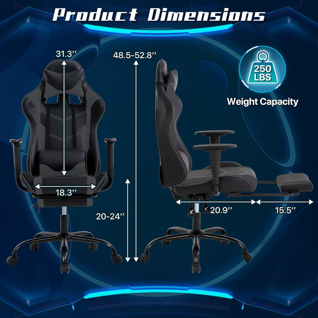 Ergonomic Gaming Chair with Footrest, High Back PU Leather Office Desk Chair for Adults Teens, Rolling Swivel Computer Chair (Grey)