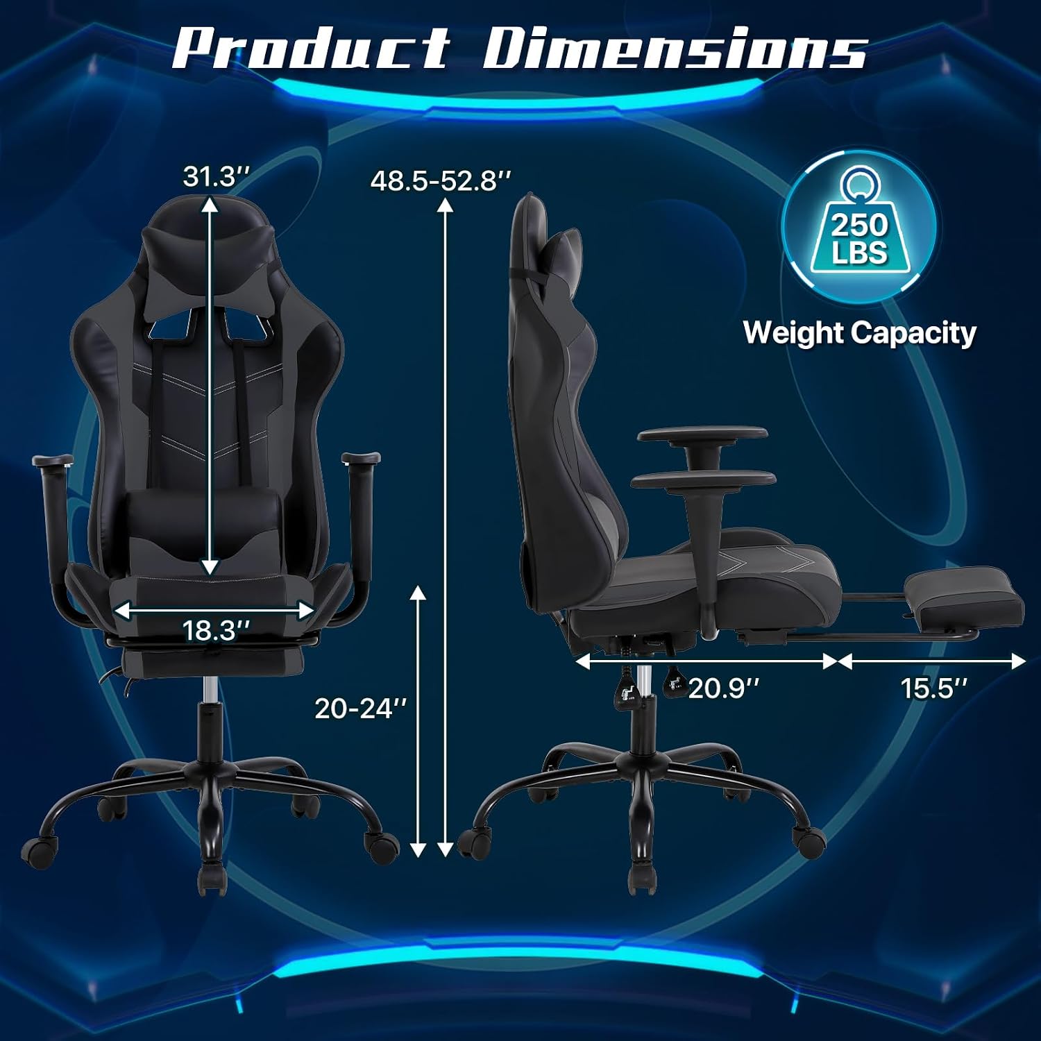 Ergonomic Gaming Chair with Footrest, High Back PU Leather Office Desk Chair for Adults Teens, Rolling Swivel Computer Chair (Grey)