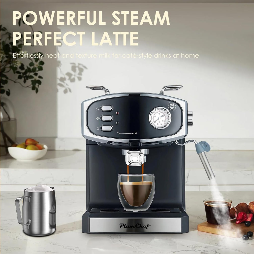 Plum chef 20 Bar Espresso Coffee Maker for Home - Professional Compact Coffee Maker witn Steam Wand Milk Frother, Pressure Gauge, 54oz Tank - Low Noise Fast Brew for Cappuccino, Latte,black