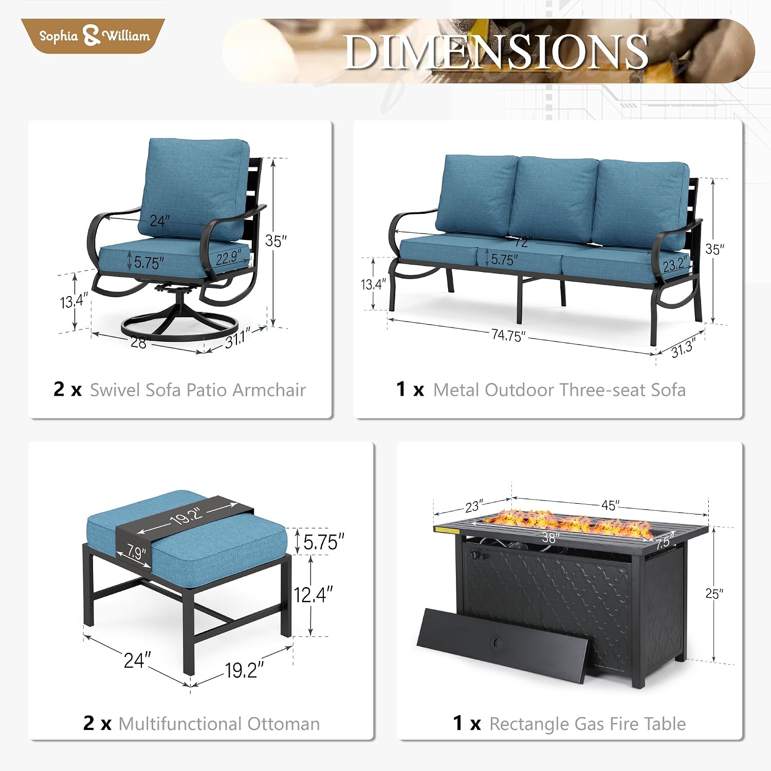 Sophia & William Patio Furniture Sets with 45' Gas Fire Pit Table for 7 Outdoor Conversation Sets 6 Pcs, 2 x Swivel Cushioned Sofa Chairs, 1x3-Seat Sofa, 2xOttomans for Backyard Poolside Navy