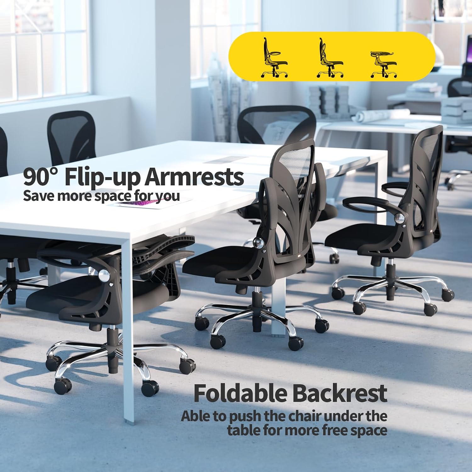 HOLLUDLE Ergonomic Office Chair with Foldable Backrest, Computer Desk Chair with Flip-up Armrests, Mesh Lumbar Support and Tilt Function Big and Tall Office Chair, Black