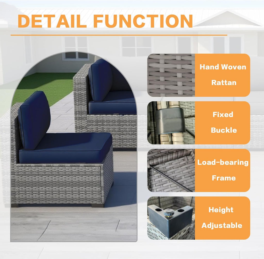 MOCHITO 7 Pieces Outdoor Patio Furniture Sets, All-Weather Sectional Sofa Grey PE Rattan Wicker Conversation Set with Glass Table and Washable Blue Cushions for Backyard,Sunroom,Garden,Porch