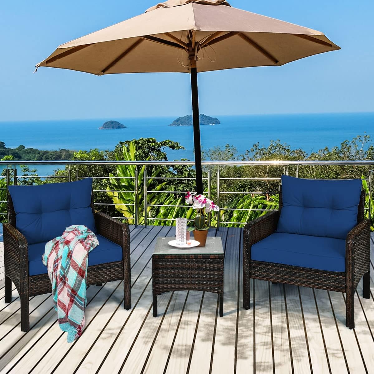 COSTWAY 3PCS Patio Furniture Set, Outdoor Wicker Cushioned Sofa Set with Coffee Table, All Weather Rattan Conversation Set for Garden Balcony Backyard Poolside Lawn, Navy