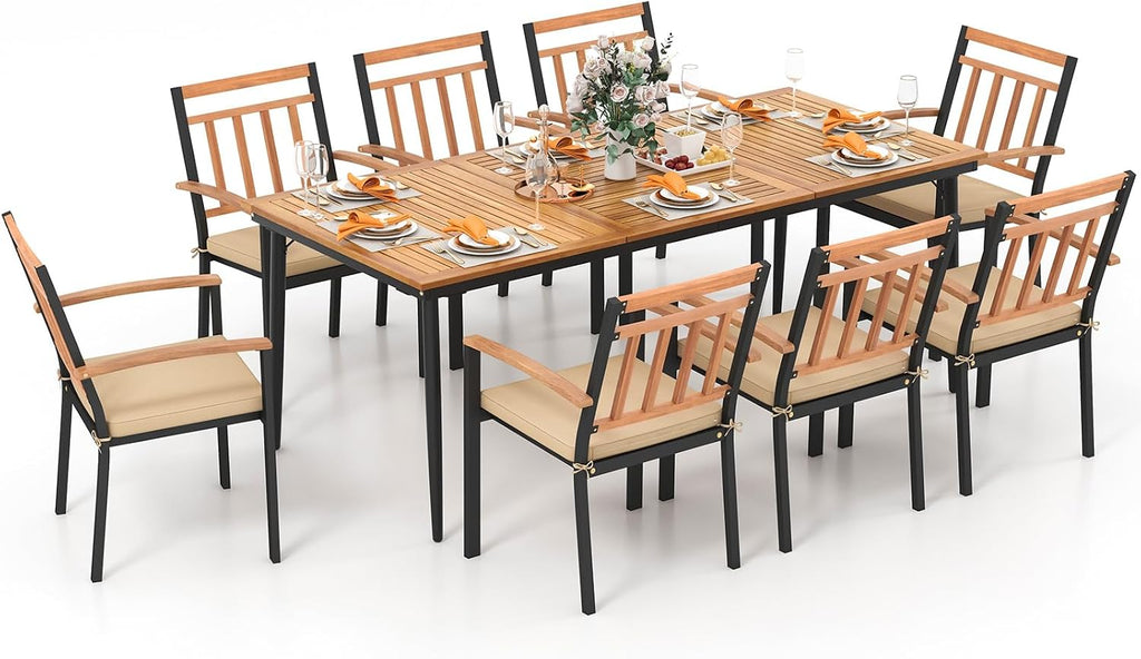 Tangkula 9-Piece Patio Dining Set, 79' Rectangle Dining Tables with 8 Wooden Armchairs, Outdoor Acacia Wood Dining Furniture Set with 1.9' Umbrella Hole for Garden, Porch, Deck