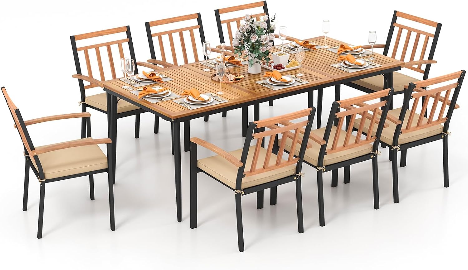 Tangkula 9-Piece Patio Dining Set, 79' Rectangle Dining Tables with 8 Wooden Armchairs, Outdoor Acacia Wood Dining Furniture Set with 1.9' Umbrella Hole for Garden, Porch, Deck