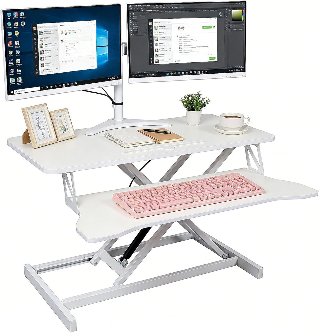 Standing Desk Converter, Height Adjustable Sit to Stand Riser, Dual Monitor and Laptop Workstation with Wide Keyboard Tray, Desk Lifter for Home Office