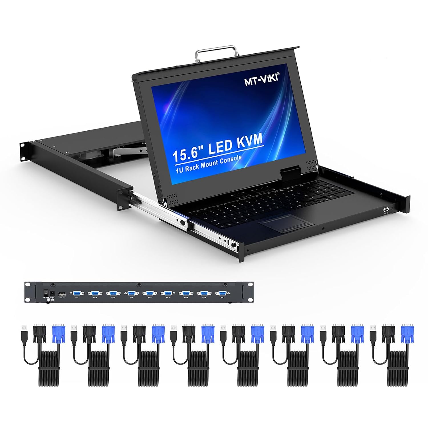 MT-VIKI Rack Mount KVM w/15.6' LCD Monitor, 8 Port VGA KVM Switch, 1080@60Hz 1U Integrated Monitor Keyboard, Fits 18.9' to 31.5' Deep Racks (480-800mm), Included 8 Cables for Server Room, Data Center