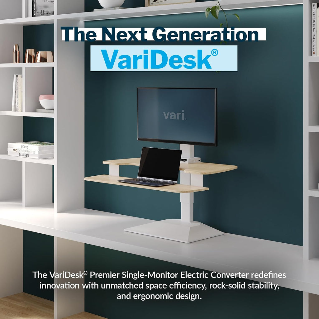 Vari VariDesk Premier Electric Converter - Standing Desk Height Adjustable Riser - Stand Up Converter for Home Office Workspace - Single Monitor Mount Computer Workstation (Light Wood)