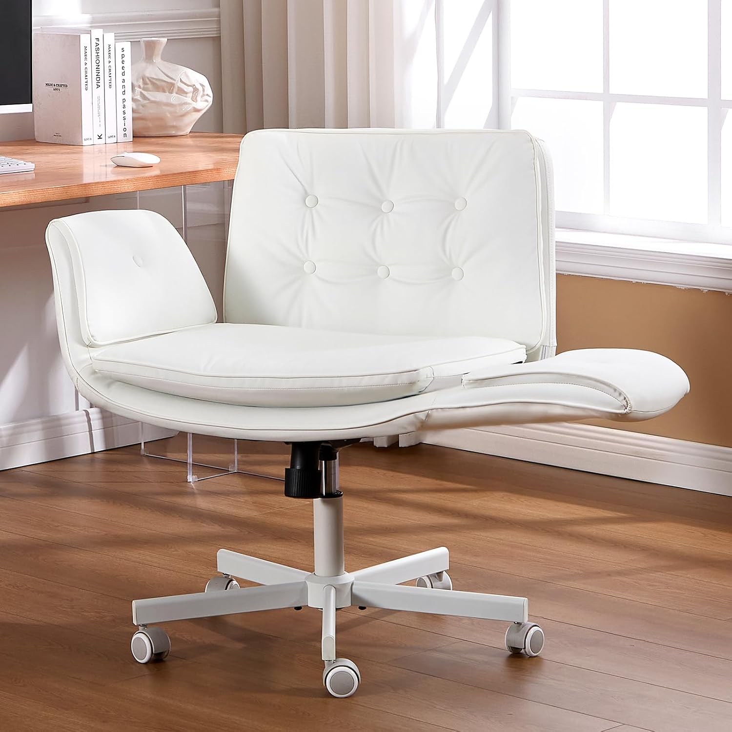 amseatec Criss Cross Office Chair, PU Leather Vanity Chair with 5-Level Adjustable Armrests & Swivel, Ergonomic Criss Cross Chair for Home Office Bedroom Makeup（White）