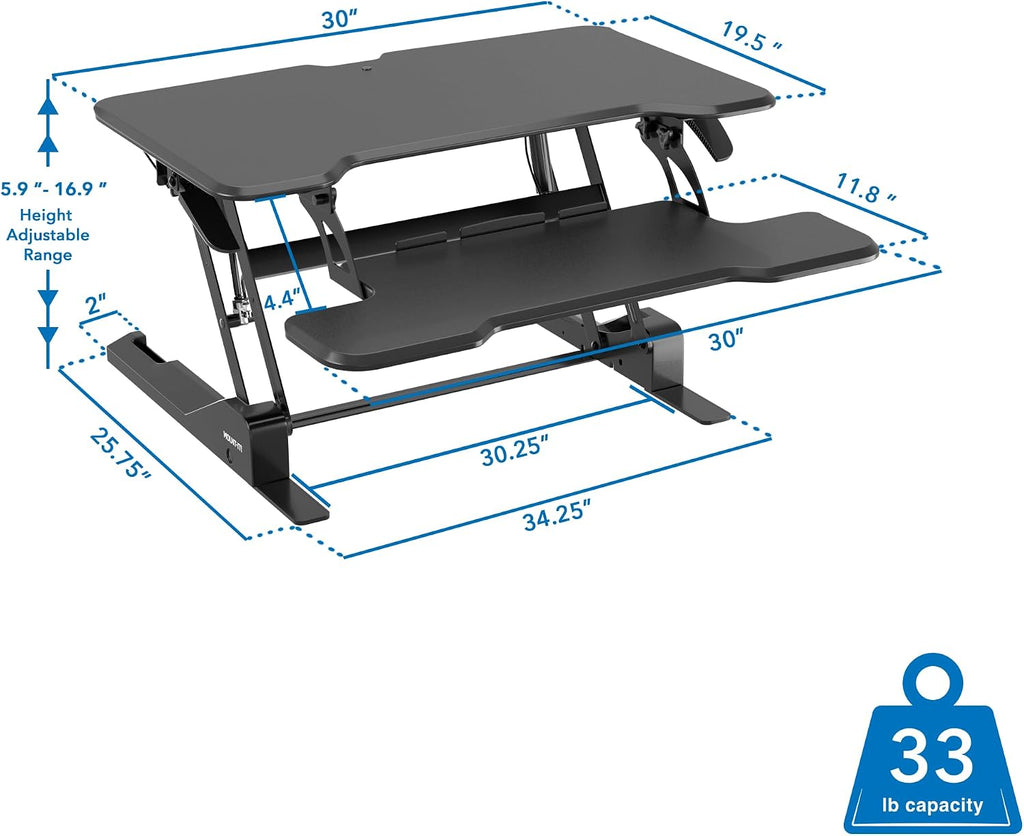 Mount-It! Height Adjustable Standing Desk Converter, Compact 30' Wide Tabletop Standing Desk Riser with Gas Spring, Desktop Stand Up Workstation with Keyboard Tray Fits Monitor or Laptop, Black