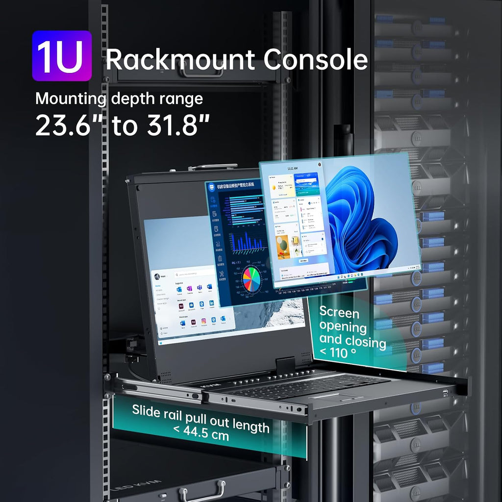 MT-VIKI® KVM Rack Mount HDMI with 17.3'' LCD Monitor, 1080P@60Hz Support OSD/Hotkey, Included 8 KVM Cables+Keyboard + Touchpad, Fit 1U 19'' Rack, Mount Depth 23.6-31.8'