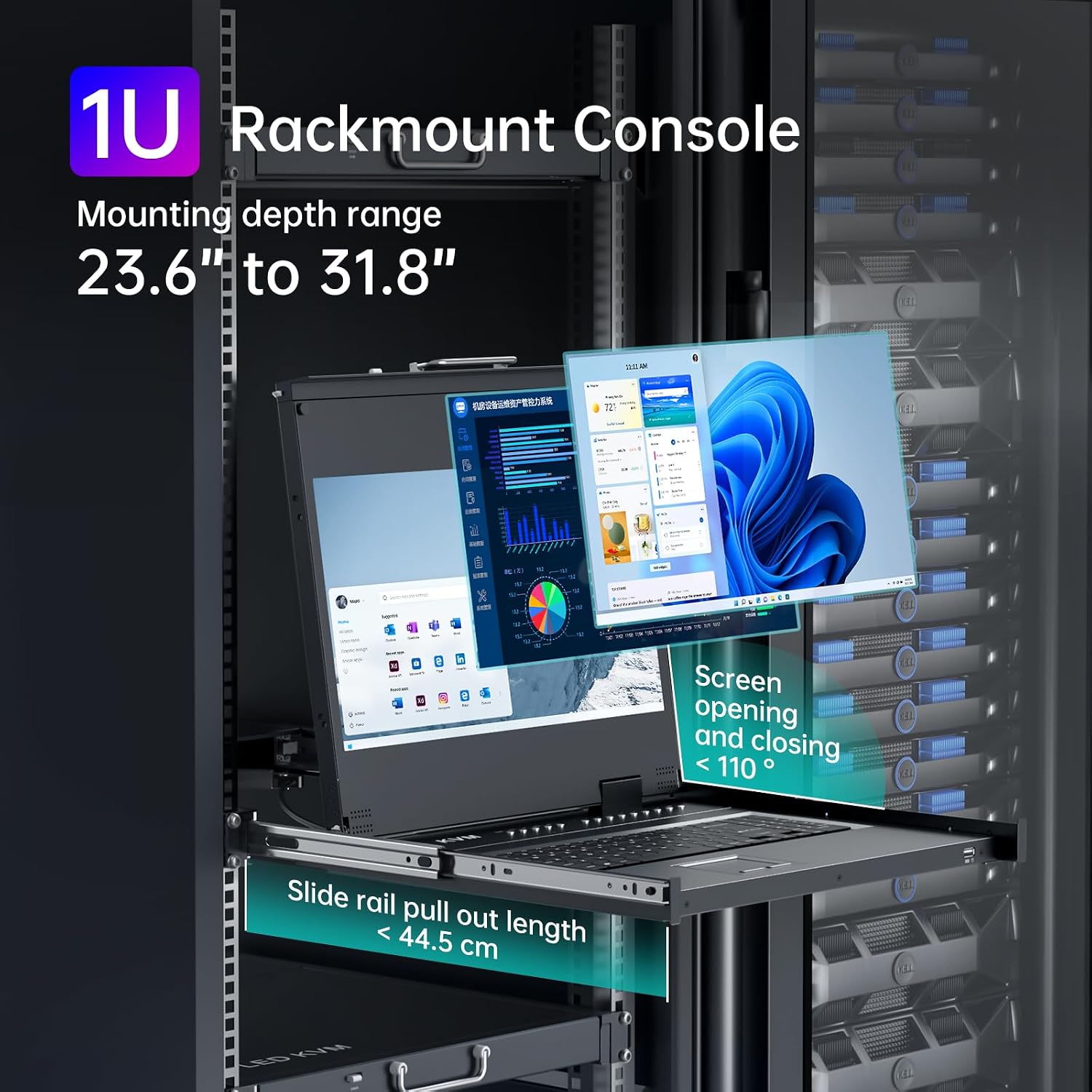 MT-VIKI® KVM Rack Mount HDMI with 17.3'' LCD Monitor, 1080P@60Hz Support OSD/Hotkey, Included 8 KVM Cables+Keyboard + Touchpad, Fit 1U 19'' Rack, Mount Depth 23.6-31.8'
