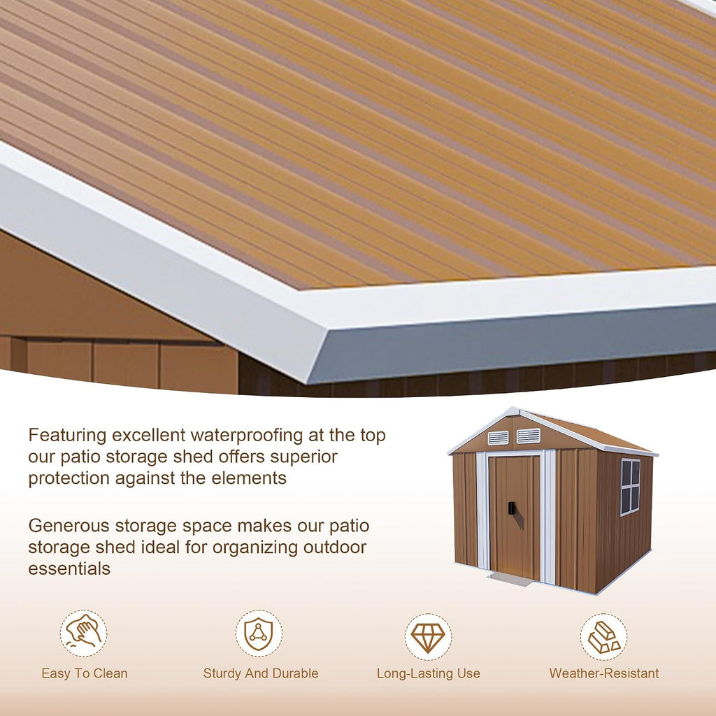 YOPTO 6X4 FT Heavy-Duty Metal Storage Shed with Windows,Waterproof Sheds & Outdoor Storage w/Rolling Door Lockable Door & Ventilation,Tool Organization,Sloped Roof,4-Season Ready,Brown