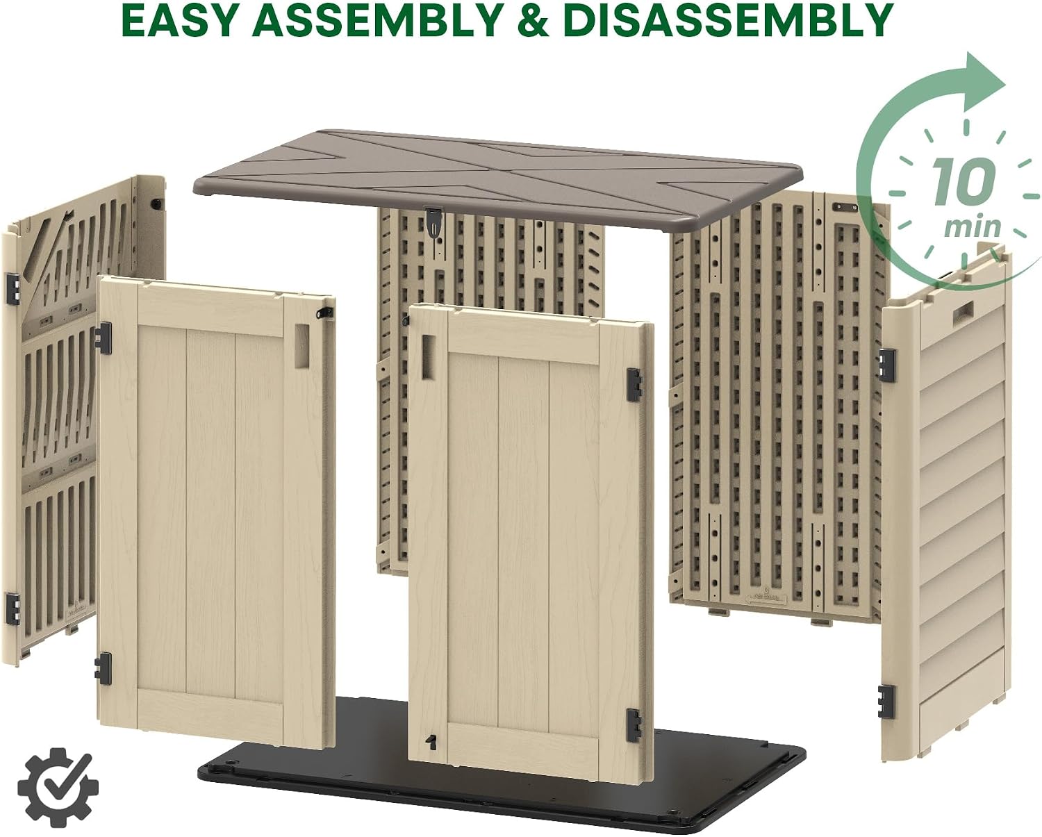 Outdoor Storage Shed, 30 Cu Ft Waterproof Horizontal Resin Storage Cabinet, Weather-Resistant Garden Shed Trash Can Storage with Pad-Lockable Doors for Backyards (Khaki)