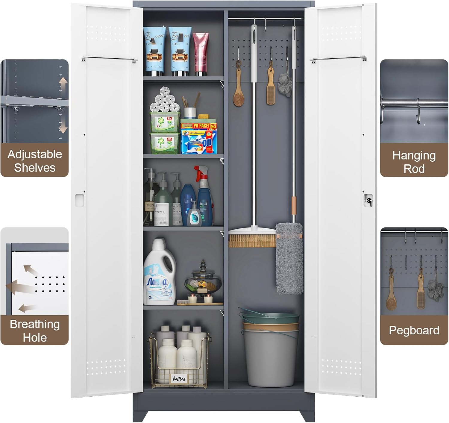 GREATMEET 72'' Metal Utility Storage Cabinet with Pegboard & Tool Hanging Bars, Double Door Cleaning Supply Organizer with Adjustable Shelves, Tall Garage Janitor Storage Cabinet, Gray White