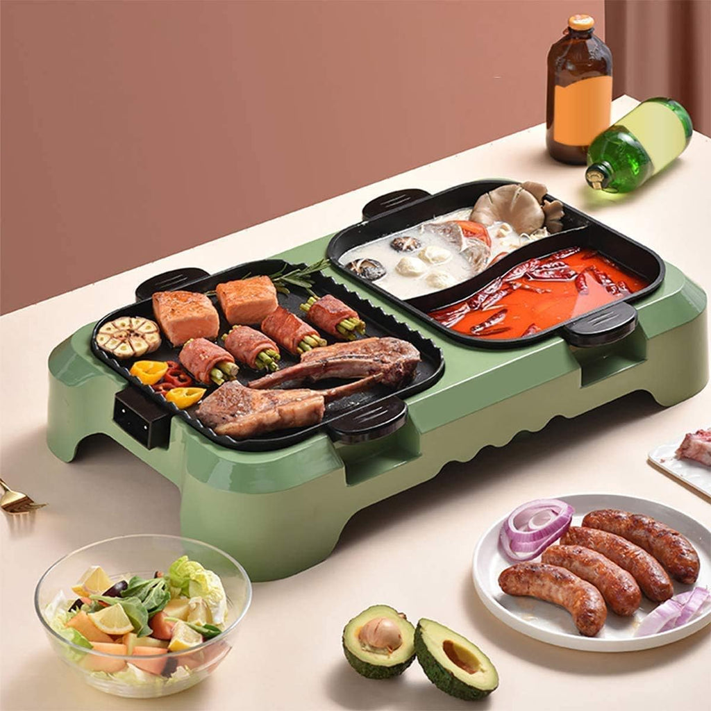Electric Grill And Hot Pot,Fast Heat Hot Pot,Smokeless BBQ Grill Non-Stick Pan,Separate Dual Temperature Control,for 2-12 People,Red (Color : Green)