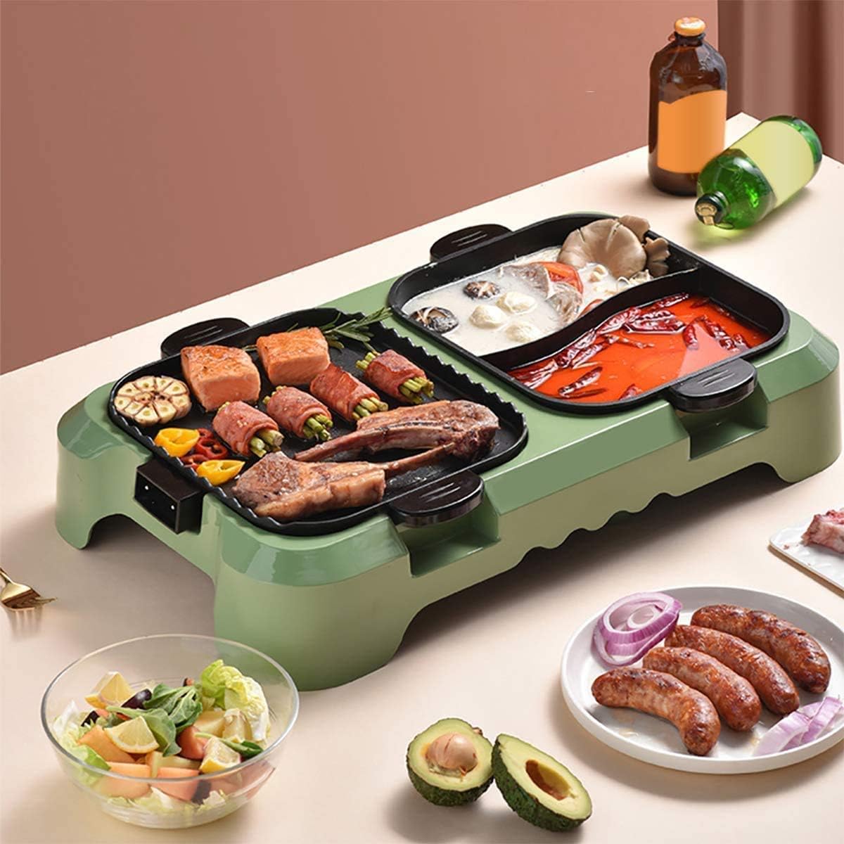 Electric Grill And Hot Pot,Fast Heat Hot Pot,Smokeless BBQ Grill Non-Stick Pan,Separate Dual Temperature Control,for 2-12 People,Red (Color : Green)