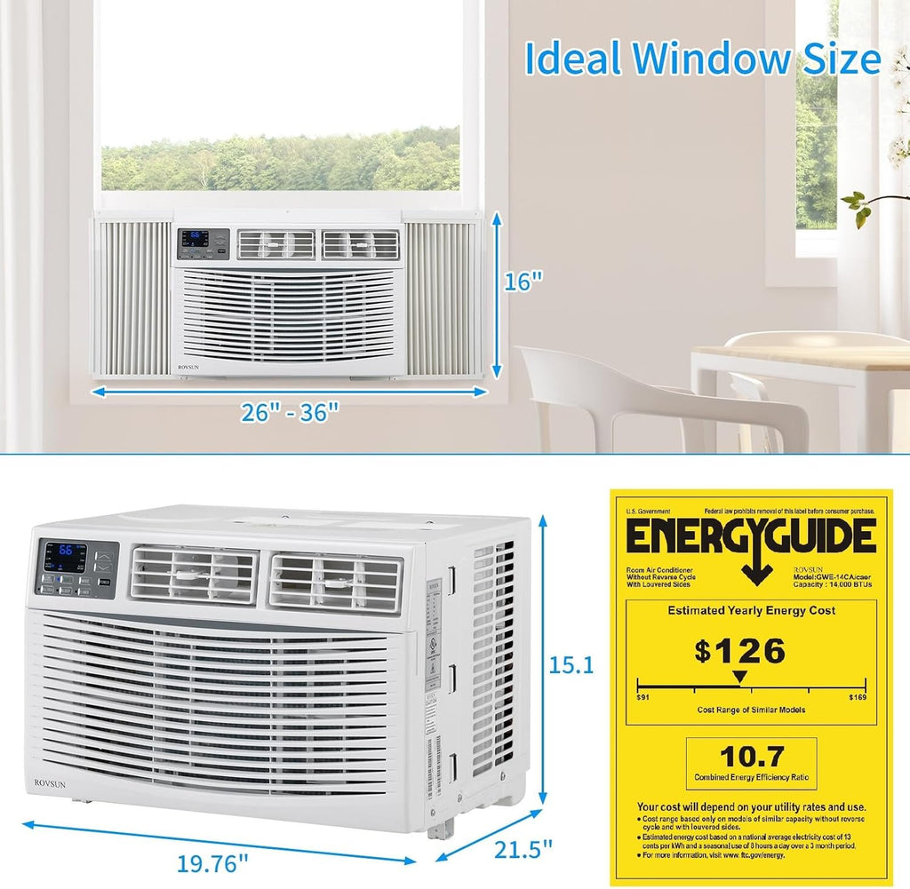 ROVSUN 14000 BTU Air Conditioner Window Unit, 3-in-1 Window AC Unit Cooler, Dehumidifier & Fan with Timer, Remote Control & Installation Kit, Cooling Rooms up to 700 Sq. Ft, 115V/60Hz, White & Grey
