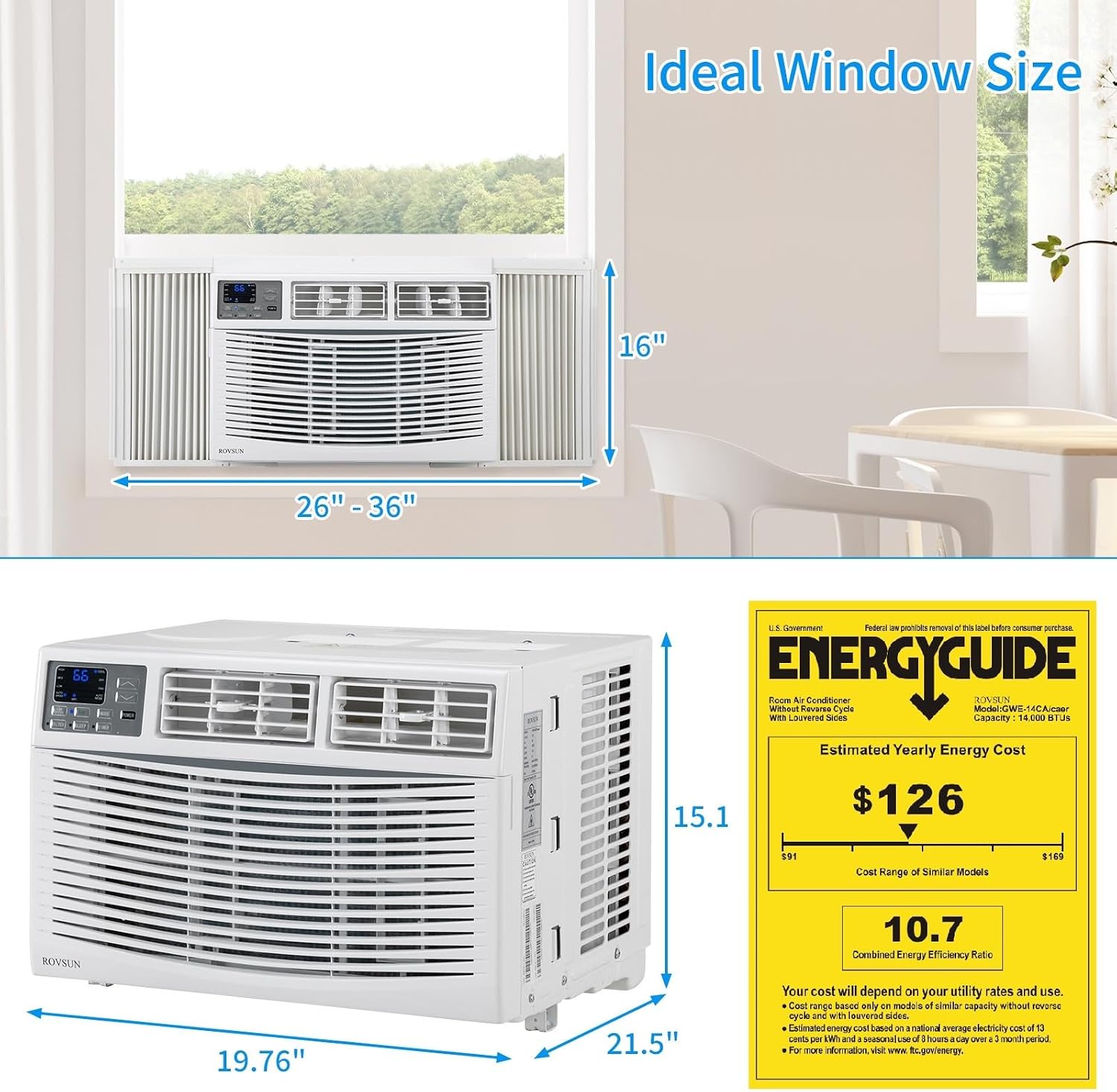 ROVSUN 14000 BTU Air Conditioner Window Unit, 3-in-1 Window AC Unit Cooler, Dehumidifier & Fan with Timer, Remote Control & Installation Kit, Cooling Rooms up to 700 Sq. Ft, 115V/60Hz, White & Grey