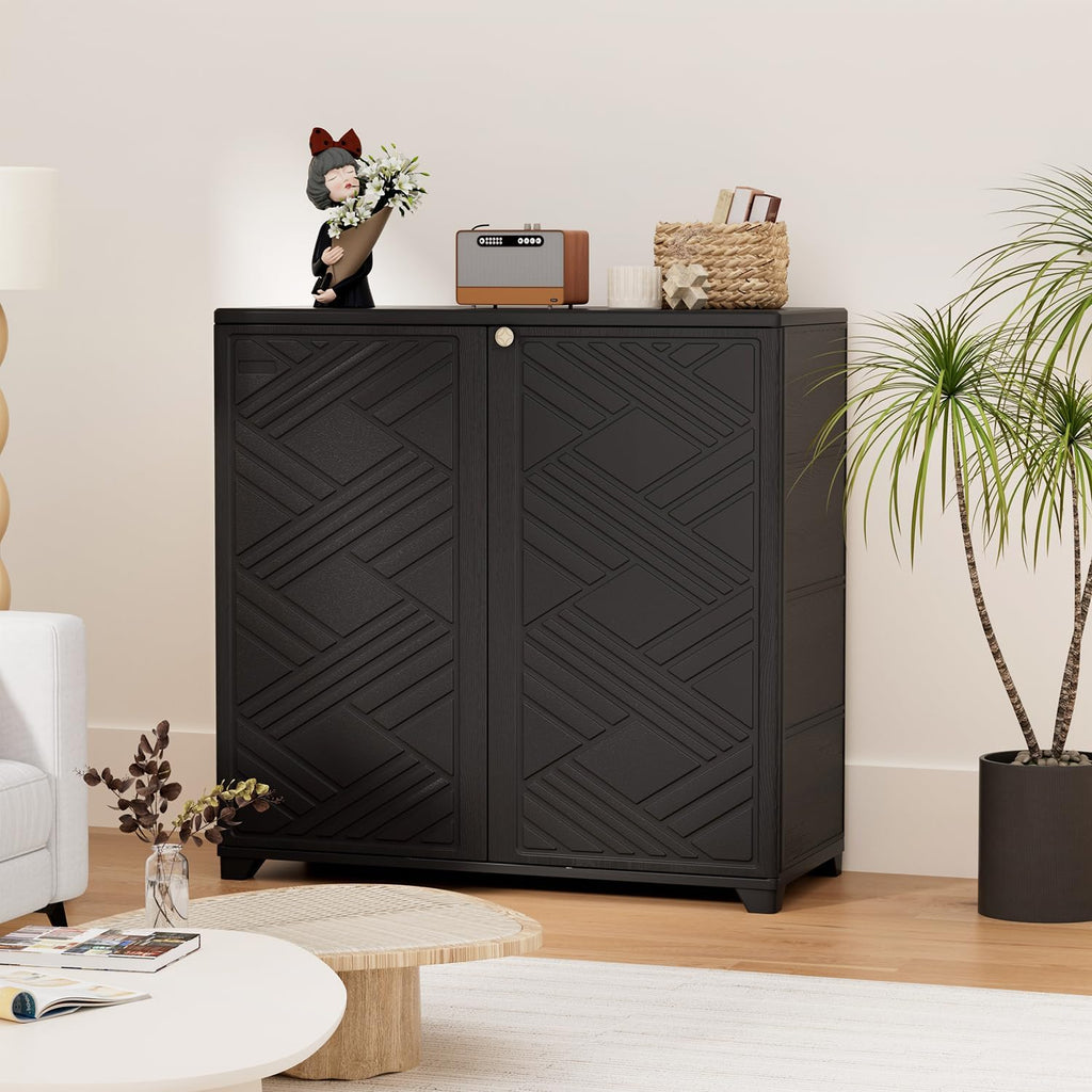 HOMSPARK Indoor/Outdoor Storage Cabinet with Doors and 2 Metal Shelves, 34'x15'x34' HDPE Plastic Storage Box for Patio, Garden, Enterway, Balcony, Multi-Purpose for Daily Tools, Black